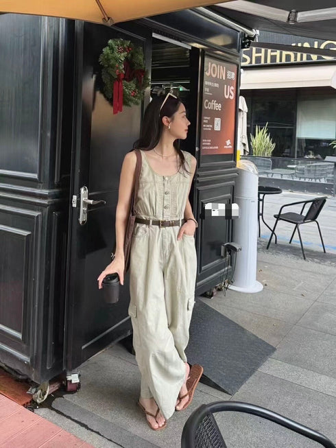 Wide Neck Sleeveless Belted Loose-wear Jumpsuit